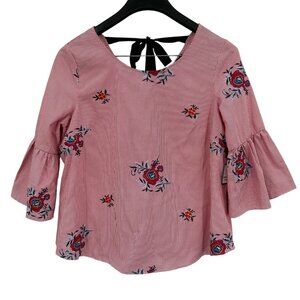 Nine West Women's Floral Embroidered BOHO Artsy Boxy Bell Sleeve Top Size Medium